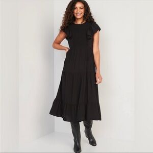 NWT Black Fit & Flare Flutter-Sleeve Tiered
Smocked Midi Dress - Medium